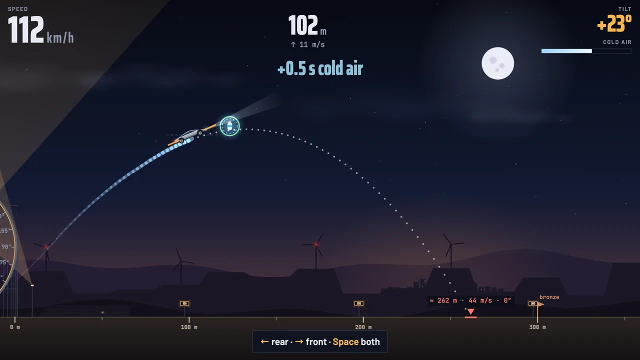 Mid-air with the contrail, a blue air canister and the predicted landing path