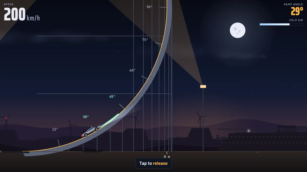 The car climbs a ramp that bends to vertical, release angles marked in green